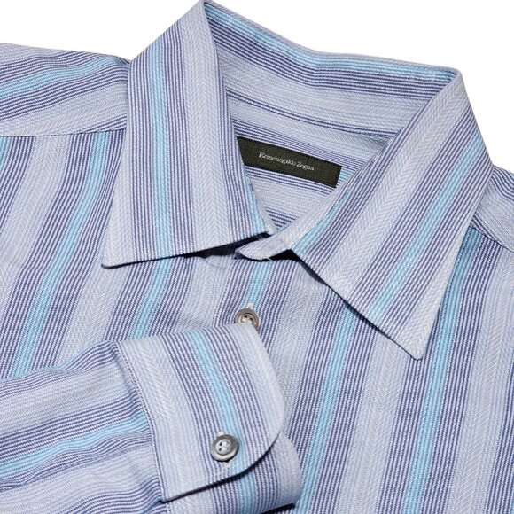 Ermenegildo Zegna‎ XXL Stripe Blue & Gray Cotton/Silk Mens Button-Up Shirt - Picture 1 of 8